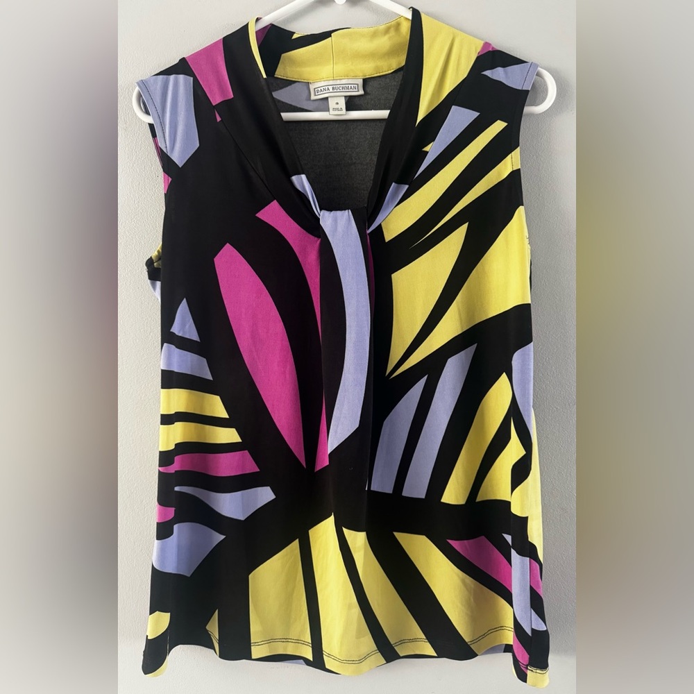 Dana Buchman Sleeveless Blouse Small Geometric Black Pink Yellow Top